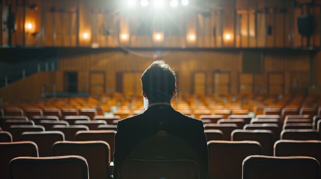 Public speaker rehearsing alone in an empty auditorium