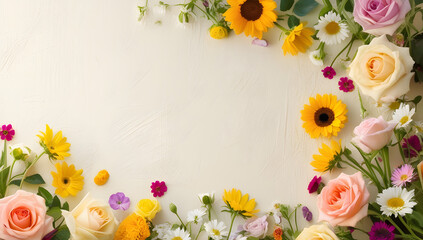 Fototapeta premium beige color copy space frame with fresh beautiful flowers background 