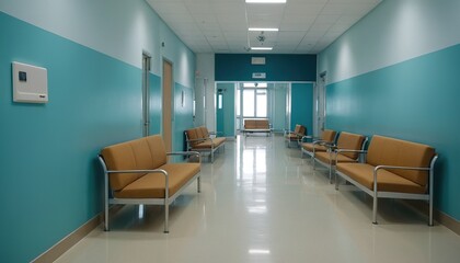 Long hospital corridor with empty seats and seats 3D rendering 15