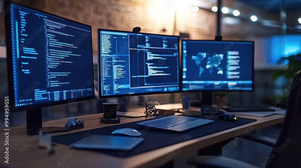 Poster a modern workspace featuring three monitors displaying code and data, highlighting a tech-focused en