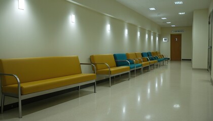 Long hospital corridor with empty seats and seats 3D rendering 9