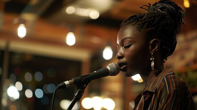 Young poet reading at a cafe mic night expressive and emotive