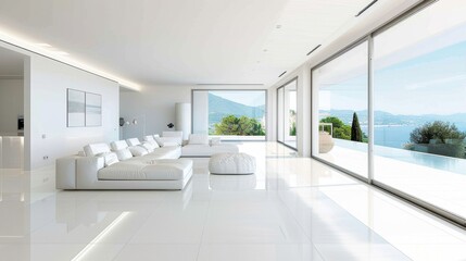 Fototapeta premium Modern white living space with minimalist furniture, a stylish sofa, and large windows bringing in natural light