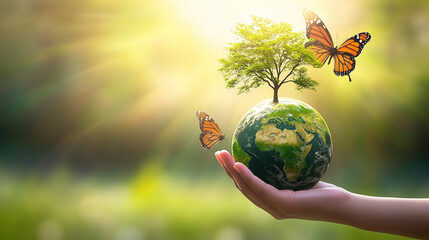 A hand holding a tree and a butterfly on a green Earth globe, representing the concept of World Environment Day