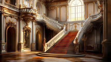 Opulent baroque interior showcasing a grand staircase. Baroque Architecture. Illustration