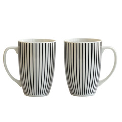 Two ceramic coffee mugs with vertical black and white stripes, perfect for hot beverages at home or in the office. Stylish and modern design.