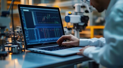 Detailed SPC chart on a laptop screen, technician adjusting parameters in a factory setting