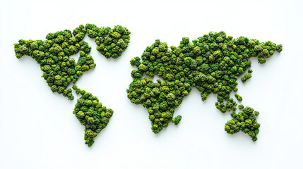 A world map made of green moss, isolated on a white background.