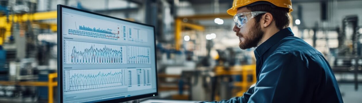 Engineer analyzing control charts on a computer screen in a factory, statistical process control data displayed