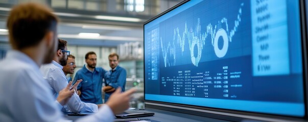 Large SPC control chart projected on a screen during a meeting, engineers discussing process control improvements