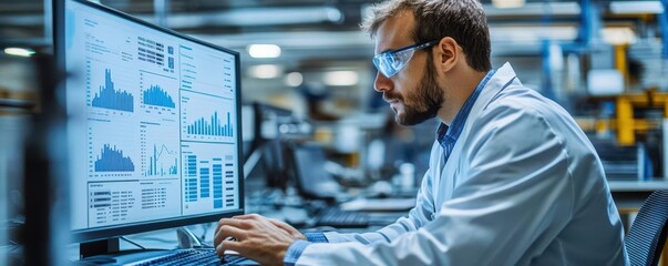 Factory worker using SPC software to monitor quality control, charts and graphs visible on the screen