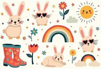 Obraz premium Kawaii Bunny Wellies and Floral Sun: Retro Spring Patterns for Kids' Books