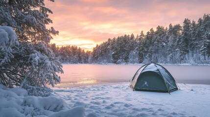 A lone tent pitched on a frozen lake surrounded by snow-covered trees at sunset.