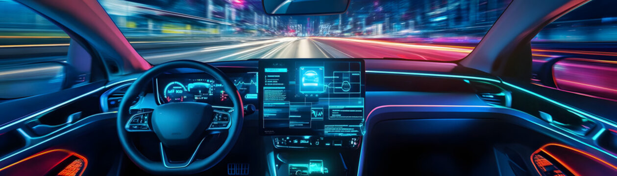 "Inside the Future: Autonomous Driving in a Smart Digital Cockpit"
This futuristic car interior showcases the seamless integration of autonomous driving technology with advanced digital interfaces. Of