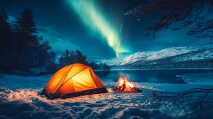 Illuminated Tent and Campfire Under the Northern Lights
