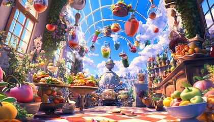 Fototapeta premium Low-angle view of a whimsical kitchen, magical creatures cooking vibrant dishes, floating ingredients, enchanting atmosphere
