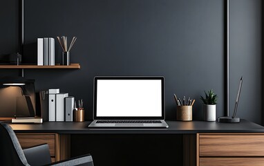 Stylish Businessman's Room with Laptop Mockup on Modern Desk