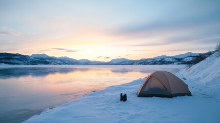 A lone tent on a snow-covered lakeshore with mountains in the distance at sunset