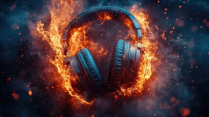 Stereo headphones explode in a vibrant display of flame and smoke with dynamic light effects, synchronized with intense music beats.