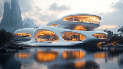 Obraz premium Futuristic architectural design featuring organic shapes by a lake.