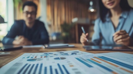 A business meeting setting with two professionals discussing reports and charts on a table, emphasizing collaboration and analysis.