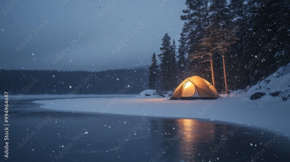 Poster Illuminated Tent on a Snowy Winter Landscape