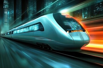 Fototapeta premium Modern electric trains speeding through vibrant urban cityscape.