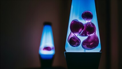 Close-up of Blue Lava Lamp with Purple Blobs Glowing in a Dark Room