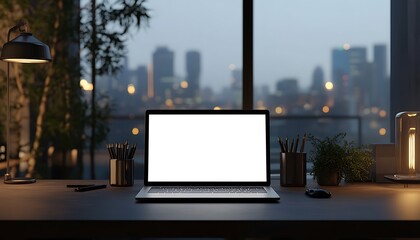 Laptop with White Screen Mockup in Contemporary Business Office