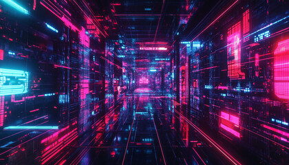 Fototapeta premium A retro-futuristic design with neon grids, VHS glitches, and pixelated elements, taking inspiration from 80s sci-fi movies and video games