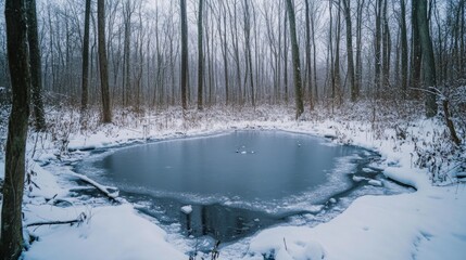 Fototapeta premium Frozen Pond Surrounded by Snow-Covered Trees in a Winter Forest