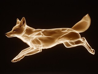 Obraz premium Side view of a fox gracefully leaping, illuminated by innovative, minimalist lighting, elegant design elements intertwined