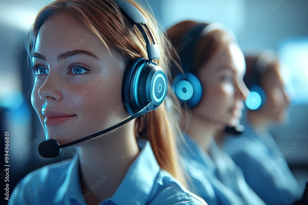 Poster call center agent with headset working in a bright office environment focusing on customer service a
