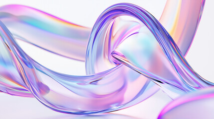 Naklejka premium 3D render of an abstract background featuring an iridescent glass ribbon in motion against a white backdrop, showcasing close-up holographic colors.