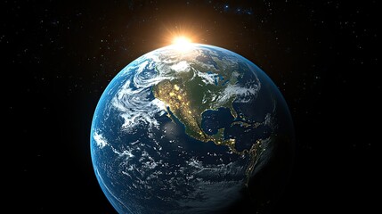 Fototapeta premium The sun illuminates Earth, focusing on North America, including the USA and Canada, in a detailed 3D representation.
