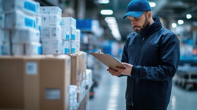Logistics manager holding a clipboard, inspecting the delivery of medicines in a hospital receiving area
