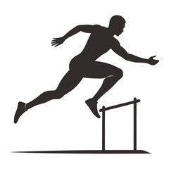 Male athlete running hurdles in athletics race, black silhouette vector art illustration	
