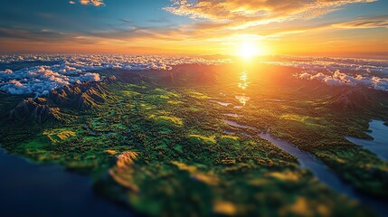 The sun shines over a detailed map of South America, including Brazil, the Amazon rainforest, and the Andes, depicted in 3D.