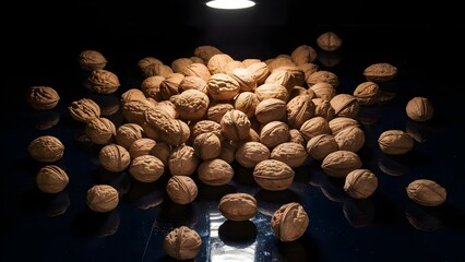 High-contrast image of walnuts on a glossy surface