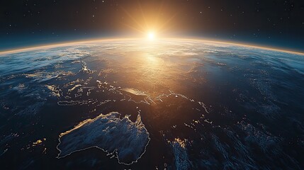 The sun shines over Earth with a focus on Australia, depicted in a detailed 3D illustration.