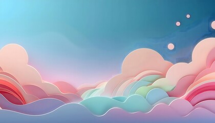 The sky background is filled with pastel fluffy clouds in a paper layer format.