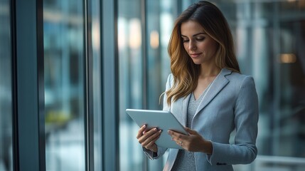 A professional woman stands by a large window, focused on her tablet, dressed in a stylish suit, exuding confidence and modernity.