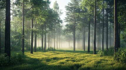 Obraz premium A peaceful forest scene in the early morning, with mist lingering among the trees