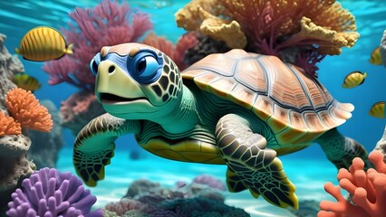 The Chill Shelldon could be drifting lazily in the water, his eyes half-closed as he floats near a colorful coral. 