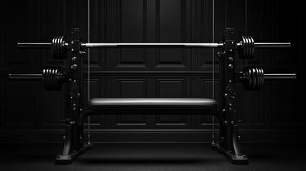 A black weight bench with a barbell and weights in a dark setting.