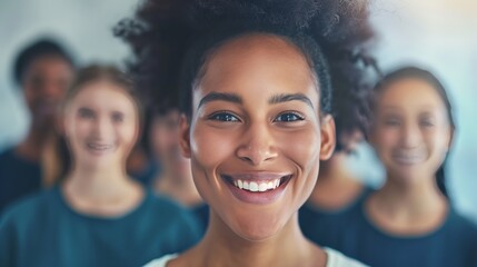 Fototapeta premium Group of Diverse Young People Smiling in Casual Clothing - Close-Up Portrait of Happy Confident Woman at the Front.
