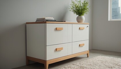 White Dresser with Wooden Top and Decorative Elements in a Minimalist Interior 92