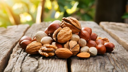 Close-up of mixed nuts in their shells on a rustic wooden table