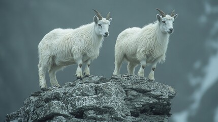 Fototapeta premium Two mountain goats standing on a rocky outcrop in a misty landscape.