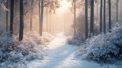 Sunlit Path Through a Snowy Winter Forest
